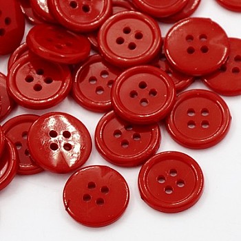 Acrylic Sewing Buttons, Plastic Buttons for Costume Design, 4-Hole, Dyed, Flat Round, Dark Red, 15x2mm, Hole: 1.5mm