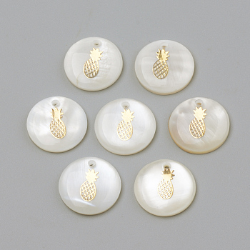 Freshwater Shell Pendants, Flat Round & Pineapple, Golden, 16x3.5~4mm, Hole: 1.2mm