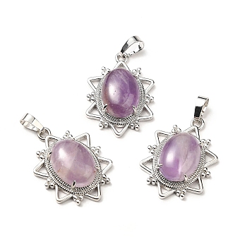 Natural Amethyst Pendants, Flower Charms, with Platinum Tone Brass Findings, Cadmium Free & Lead Free, 32x23x9.5~10.5mm, Hole: 7x5mm