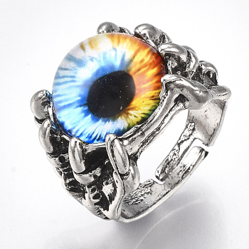 Adjustable Alloy Glass Finger Rings, Wide Band Rings, Dragon Eye, Colorful, Size 10, 20mm
