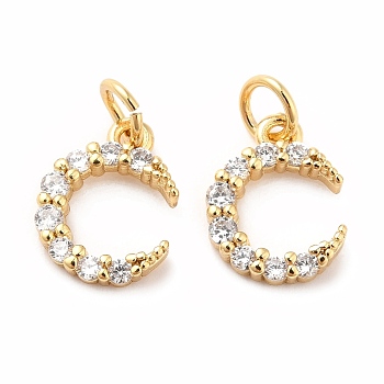 Rack Plating Brass Micro Pave Cubic Zirconia Pendants, Long-Lasting Plated, with Jump Ring, Moon, Real 18K Gold Plated, 12x9.5x2.5mm, Jump Ring: 5x0.8mm, Inner Diameter: 3.4mm