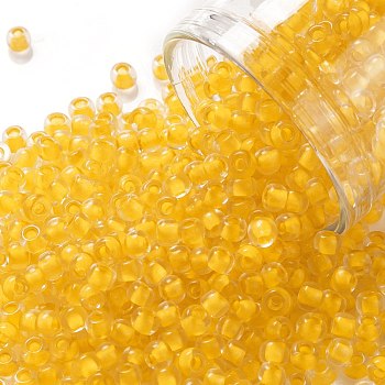 TOHO Round Seed Beads, Japanese Seed Beads, (974) Inside Color Crystal/Sunflower Yellow Lined , 8/0, 3mm, Hole: 1mm, about 220pcs/10g