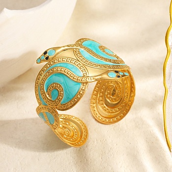 304 Stainless Steel Enamel Cuff Bangles for Women, Snake, Golden, Inner Diameter: 2.15 inch(5.45cm)