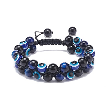 Natural Blue Tiger Eye(Dyed & Heated) & Eyeless Obsidian & Resin Evil Eye Braided Bead Bracelet, Double Layer Gemstone Lucky Bracelet for Men Women, Inner Diameter: 2-1/4~3 inch(5.6~7.5cm)