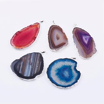 Natural Agate Big Pendants, with Brass Findings, Nuggets, Silver Color Plated, Mixed Color, 59~91x32~65x3~6mm, Hole: 5x7mm