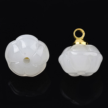 Glass Charms, with Golden Brass Loops, Flower, Creamy White, 10x9.5x9.5mm, Hole: 1.6mm & 1mm