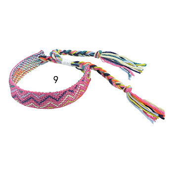 Cotton Braided Wave Pattern Cord Bracelet, Ethnic Tribal Adjustable Brazilian Bracelet for Women, Old Rose, 5-1/2~10-5/8 inch(14~27cm)
