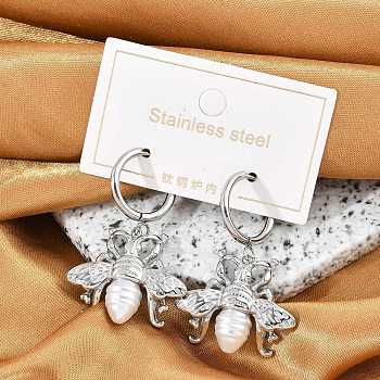 304 Stainless Steel ABS Imitation Pearl Hoop Earrings, Ion Plating(IP), Bees, Stainless Steel Color, 39x26mm