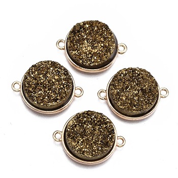 Natural Druzy Agate Links Connectors, with Light Gold Brass Findings, Dyed, Flat Round, Dark Khaki, 24x18x6.5~7.5mm, Hole: 1.8mm