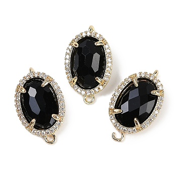 Natural Obsidian Faceted Oval Links, Rack Plating Brass Micro Pave Clear Cubic Zirconia Connector Charms, Golden, 21x12.5x5mm, Hole: 1.6mm and 1.4mm