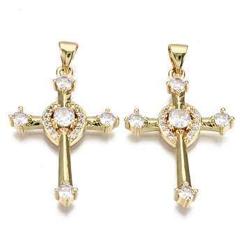 Brass Micro Pave Clear Cubic Zirconia Pendants, Nickel Free, Cross, Real 16K Gold Plated, 31x21x4mm, Hole: 4.5x3.5mm
