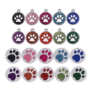 20Pcs 20 Style Enamel Pendants, with Platinum Plated Alloy Findings and Glitter Powder, Flat Round with Dog Paw Prints, Mixed Color, 1pc/style