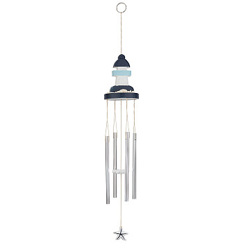Aluminum Wind Chimes, with Wood Lighthouse & Cotton Wire, Mediterranean Style, Platinum, 557mm
