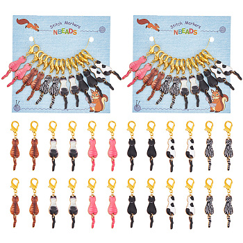 Cat Stitch Markers, Alloy Enamel Crochet Lobster Clasp Charms, Locking Stitch Marker with Wine Glass Charm Ring, Mixed Color, 5cm, 6 colors, 2pcs/color, 12pcs/set