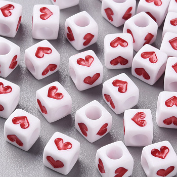 White Opaque Acrylic Beads, Cube with Heart, FireBrick, 6.5x6x6mm, Hole: 3mm