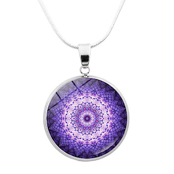 Glass Mandala Flower Dome Pendant Necklace, Platinum Brass Jewelry for Women, Purple, 24.21 inch(61.5cm)