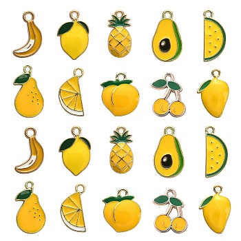 50Pcs 10 Styles Alloy Enamel Pendants, Light Gold, Fruit Style, Peach & Orange & Pineapple, Yellow, 16~23x8~15x1~3mm, Hole: 1.8mm, 5pcs/style