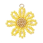 Glass Seed Beaded Pendants, Daisy Charms, 304 Stainless Steel Open Jump Rings, Yellow, 38x29x4mm, Hole: 3mm(PALLOY-MZ01359-02)