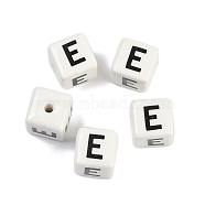 Porcelain Beads, Square with Letter, Letter E, 8.5x8.5x8.5mm, Hole: 1.6mm(PORC-R003-08E)