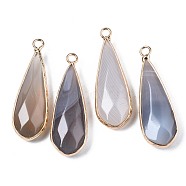 Natural Grey Agate Pendants, with Golden Plated Brass Edge and Loop, Teardrop, Faceted, 36~37x12x6mm, Hole: 2.5mm(G-S359-319B)
