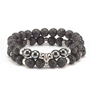 2Pcs 2 Style Natural Lava Rock & Synthetic Hematite Stretch Bracelets Set with Alloy Tube Beaded, Essential Oil Gemstone Jewelry for Women, Inner Diameter: 2~2-1/8 inch(5.1~5.4cm), 1Pc/style(BJEW-JB08319)