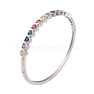 Brass Pave Colorful Glass Hinged Bangles for Women, Platinum, Heart, Inner Diameter: 2-1/4 inch(5.6cm), 5.5mm(BJEW-S147-21C-P)