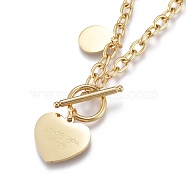 304 Stainless Steel Pendant Necklaces, with Cable Chains and Toggle Clasps, Heart with Flat Round, Golden, 16.46 inch(41.8cm)(NJEW-K120-12G)