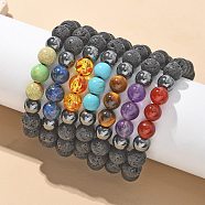 Natural Lava Rock and Non-Magnetic Synthetic Hematite Beads Braided Bead Bracelets, with Natural & Synthetic Mixed Gemstone, 2-1/8 inch~3 inch(5.3~7.8cm), 7pcs/set(BJEW-JB03975)