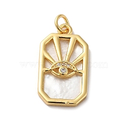 Rack Plating Brass Micro Pave Clear Cubic Zirconia Pendants, with Shell & Jump Ring, Long-Lasting Plated, Lead Free & Cadmium Free, Rectangle Octagon with Eye Charm, Real 18K Gold Plated, 22x12.5x2.5mm, Hole: 3mm(KK-F853-19G)