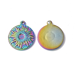Ion Plating(IP) 304 Stainless Steel Pendants, Textured, Flat Round with Sun Charm, Rainbow Color, 17.5x15x2mm, Hole: 1mm(STAS-C066-08M)