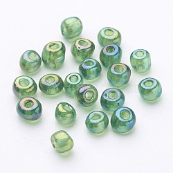 6/0 Transparent Rainbow Colours Round Glass Seed Beads, Green, Size: about 4mm in diameter, hole:1.5mm, about 495pcs/50g(X-SEED-A007-4mm-167B)