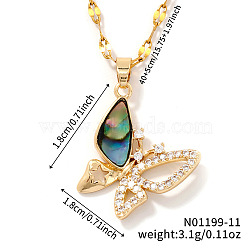 Brass Pave Paua Shell & Crystal Rhinestone Butterfly Pendant Dapped Chain Necklace for Women, Golden, 15.75 inch(40cm)(VR6258-1)