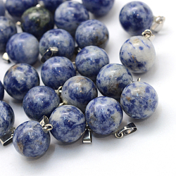 Round Natural Blue Spot Jasper Pendants, with Platinum Tone Brass Findings, 17~19x13~14mm, Hole: 2x7mm(G-Q434-01)