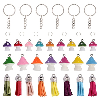 CHGCRAFT DIY Keychain Making Kit, Including Resin Mushroom & Faux Suede Tassel Pendants, Iron Split Key Rings, Mixed Color, 64Pcs/bag