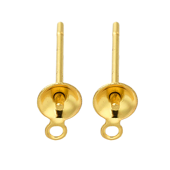 304 Stainless Steel Stud Earring Findings, for Half Drilled Beads, Real 18K Gold Plated, 5x3mm, Hole: 1mm, Pin: 12x0.8mm