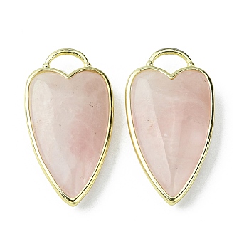 Natural Rose Quartz Pendants, Faceted Heart Charms, with Rack Plating Light Gold Plated Brass Edge, 34.5x18x7mm, Hole: 7x5mm