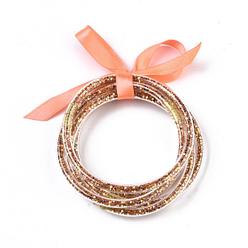 PVC Plastic Buddhist Bangle Sets, Jelly Bangles, with Paillette/Sequins and Polyester Ribbon, Orange, 2-1/2 inch(6.5cm), 5pcs/set