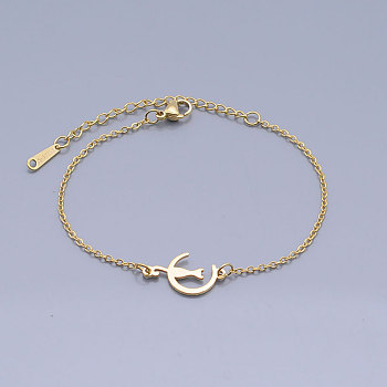 201 Stainless Steel Kitten Link Bracelets, with Lobster Claw Clasps, Crescent Moon with Cat, Golden, 6-3/4 inch~6-7/8 inch(17~17.5cm)
