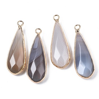 Natural Grey Agate Pendants, with Golden Plated Brass Edge and Loop, Teardrop, Faceted, 36~37x12x6mm, Hole: 2.5mm