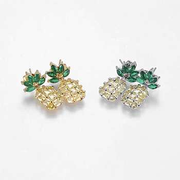 Brass Dangle Stud Earrings, with Cubic Zirconia, Pineapple, Long-Lasting Plated, Mixed Color, 25x12x4mm, Pin: 0.8mm