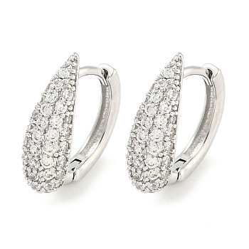 Brass Micro Pave Clear Cubic Zirconia Hoop Earrings for Women, Teardrop, Real Platinum Plated, 12.5x13.5mm