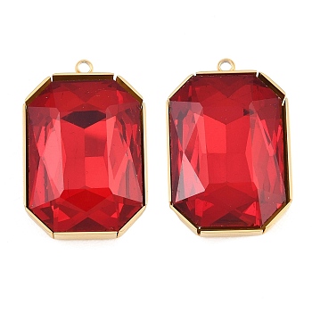 304 Stainless Steel & Glass Pendants, Octagon Charm, Real 18K Gold Plated, Ion Plating(IP), Long-Lasting Plated, Faceted, Red, 29.5x20x7.5mm, Hole: 2mm