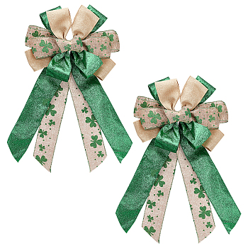 Big Polyester Packaging Ribbon Bows, Festival Gifts Box Package Decorations, Shamrock Pattern Bowknot for Saint Patrick's Day, Sea Green, 520x285x35mm