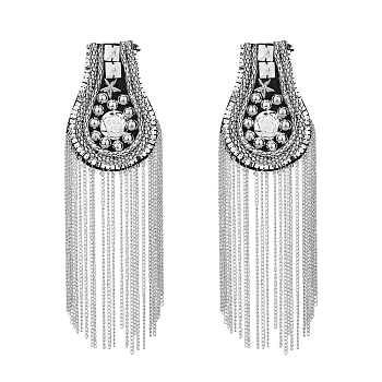 2Pcs Fashionable Tassel Epaulettes, Shoulder Badge, with Iron Chains & Pin, Cloth Findings, Platinum, 236mm