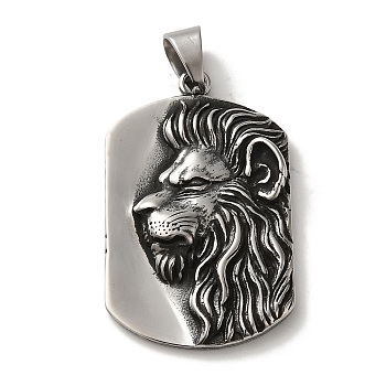 316L Surgical Stainless Steel Big Pendants, Antique Silver, Rectangle Charm, Lion, 53x33x6.5mm, Hole: 10.5x7.5mm