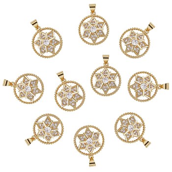 10Pcs Rack Plating Brass Micro Pave Cubic Zirconia Pendants, Long-Lasting Plated, Ring with Star of David, Real 18K Gold Plated, 21.5x19x5mm, Hole: 3.3x4.5mm