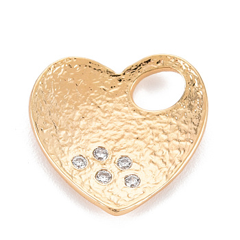 Brass Micro Pave Clear Cubic Zirconia Pendants, Nickel Free, Textured, Heart, Real 18K Gold Plated, 16.5x17x2.5mm, Hole: 5x4mm