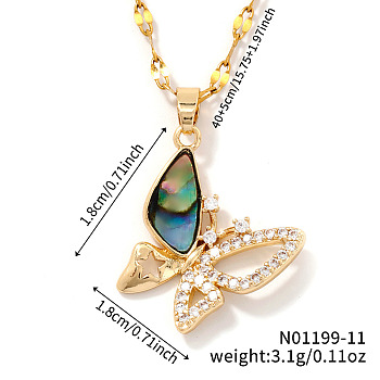 Brass Pave Paua Shell & Crystal Rhinestone Butterfly Pendant Dapped Chain Necklace for Women, Golden, 15.75 inch(40cm)