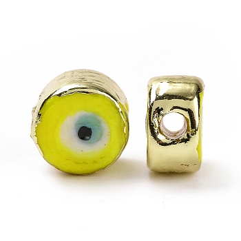 Handmade Evil Eye Lampwork Beads, with Golden Tone Brass Findings, Long-Lasting Plated, Cadmium Free & Lead Free, Flat Round, Yellow, 12.5x8mm, Hole: 2.5mm