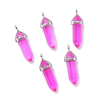 Faceted Bullet Glass Pointed Pendants, with Platinum Plated Brass Findings, Magenta, 38~39.5x12.5x10mm, Hole: 5x3mm